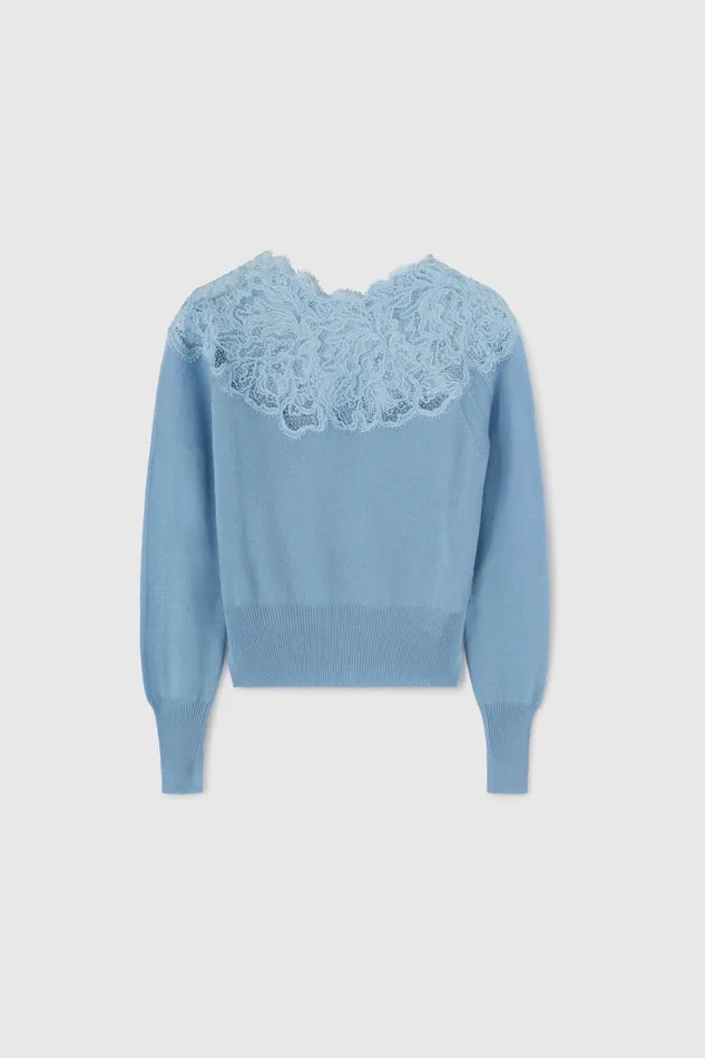 Women Knitwear Ermanno Scervino Lace Neckline Light Blue Cashmere Sweater 8211 Ermanno Scervino Light Blue Women Knitwear Ermanno Scervino Lace Neckline Light Blue Cashmere Sweater 8211 Ermanno Scervino Light Blue