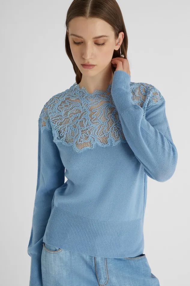 Women Knitwear Ermanno Scervino Lace Neckline Light Blue Cashmere Sweater 8211 Ermanno Scervino Light Blue