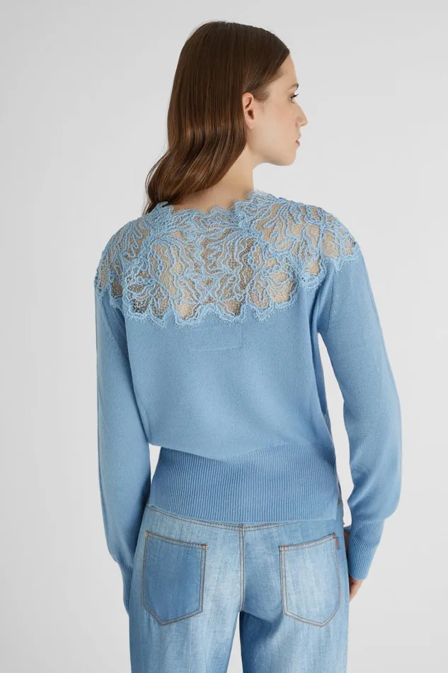 Women Knitwear Ermanno Scervino Lace Neckline Light Blue Cashmere Sweater 8211 Ermanno Scervino Light Blue