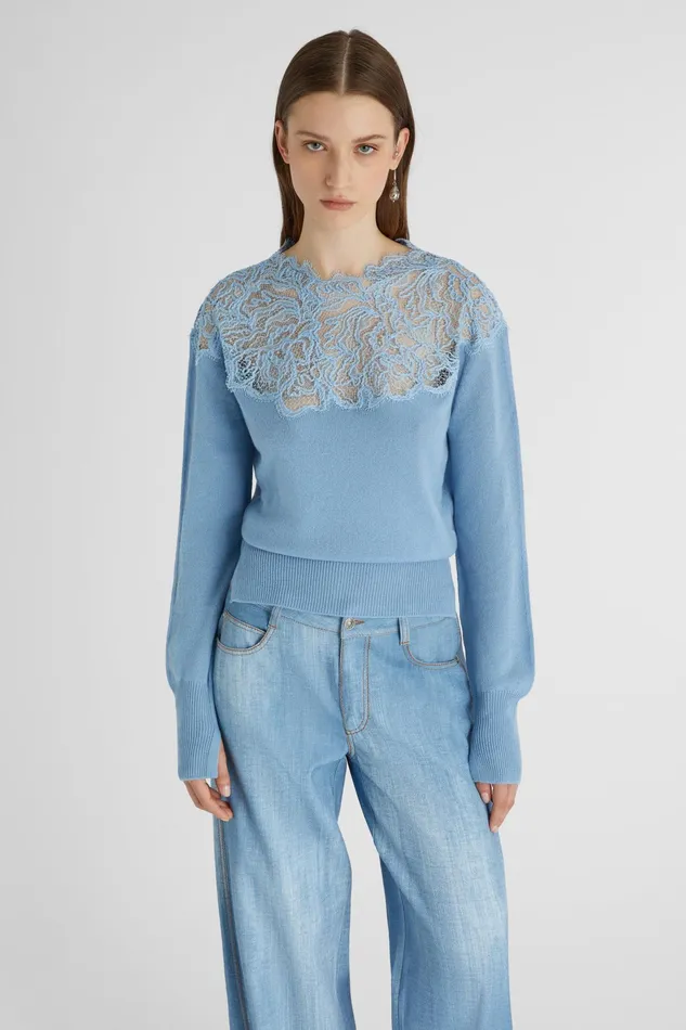 Women Knitwear Ermanno Scervino Lace Neckline Light Blue Cashmere Sweater 8211 Ermanno Scervino Light Blue