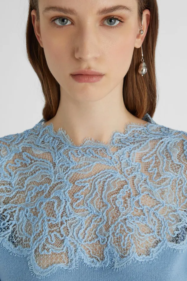 Women Knitwear Ermanno Scervino Lace Neckline Light Blue Cashmere Sweater 8211 Ermanno Scervino Light Blue