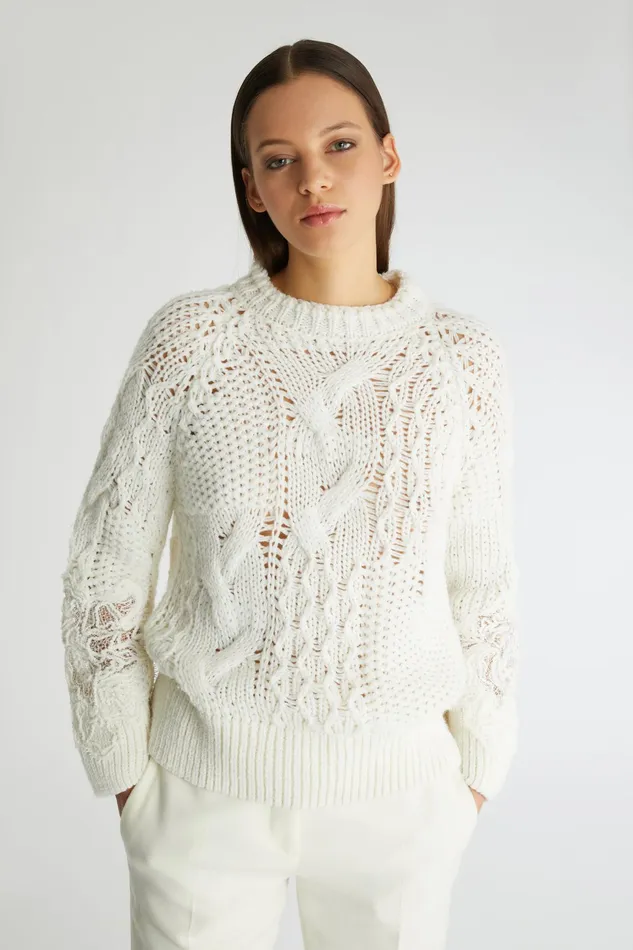 Women Knitwear Ermanno Scervino Wool Blend Jumper With Braids And Lace White