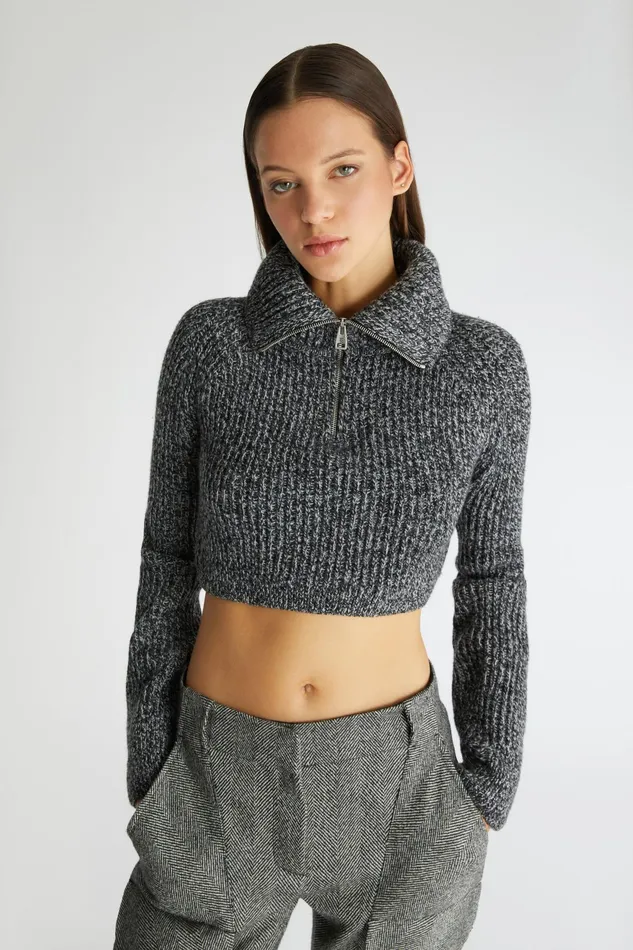 Women Knitwear Ermanno Scervino Zipper High Collar Cropped Sweater Cashmere 8211 Ermanno Scervino Blackwhite