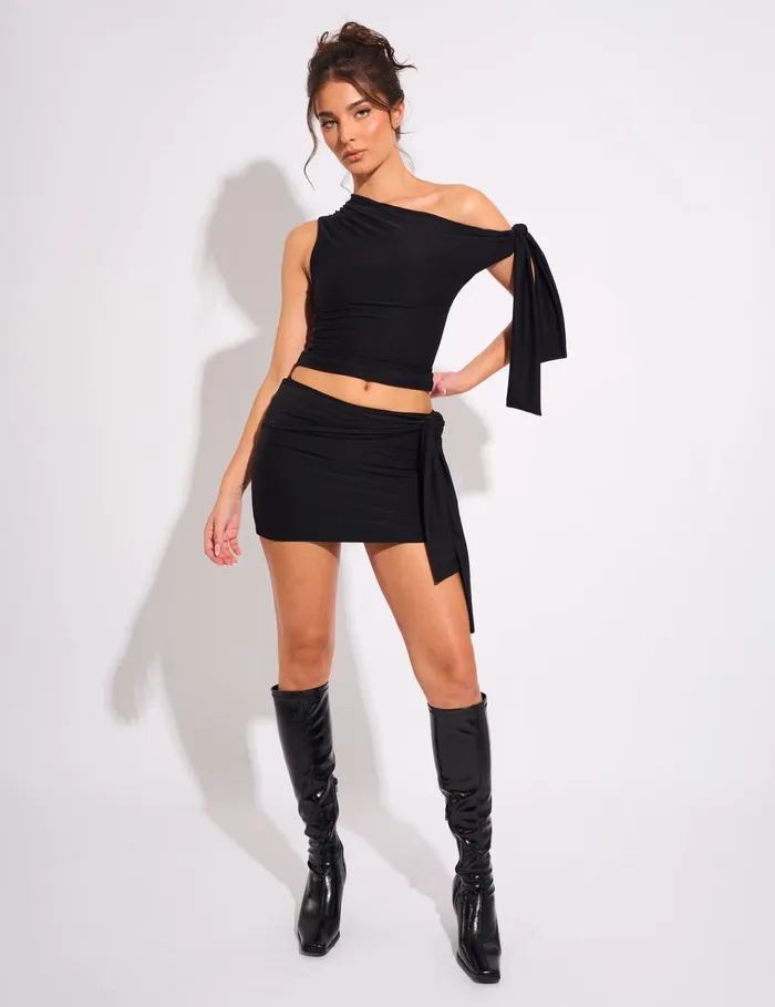 Women Knot Detail Luxe Slinky Mini Skirt Black Black Public Desire Skirts