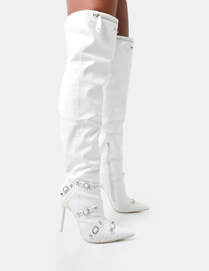 Women Kodak White Croc Pointed Toe Zip Detail Over The Knee Boots White Public Desire Party Women Kodak White Croc Pointed Toe Zip Detail Over The Knee Boots White Public Desire Party