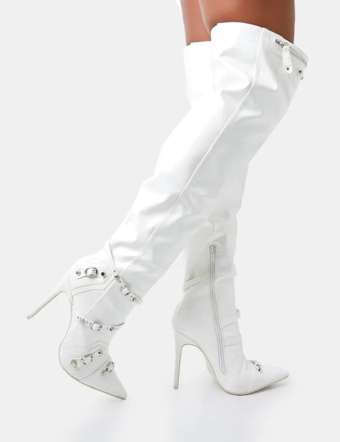 Women Kodak White Croc Pointed Toe Zip Detail Over The Knee Boots White Public Desire Party