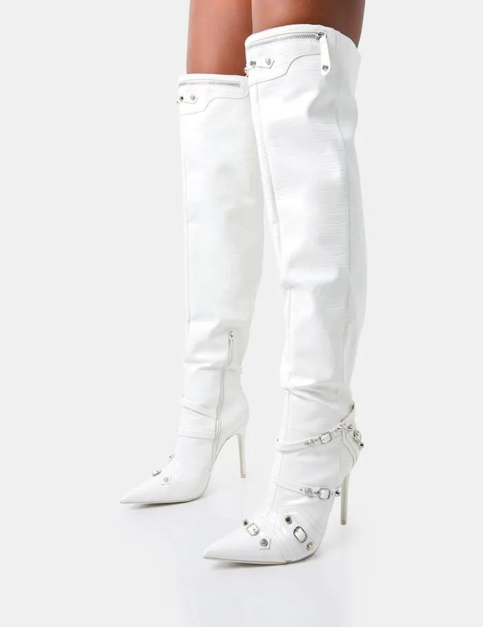 Women Kodak White Croc Pointed Toe Zip Detail Over The Knee Boots White Public Desire Party