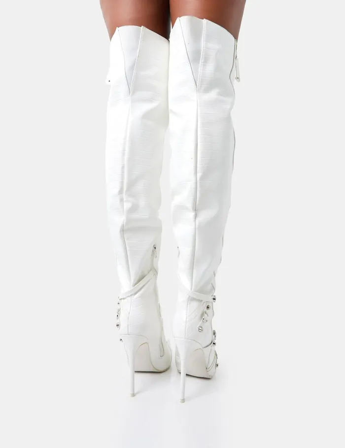 Women Kodak White Croc Pointed Toe Zip Detail Over The Knee Boots White Public Desire Party