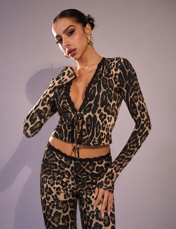 Women Lace Trim Tie Up Cardigan Top Leopard Leopard Public Desire Tops