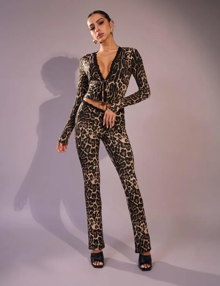 Women Lace Trim Tie Up Cardigan Top Leopard Leopard Public Desire Tops