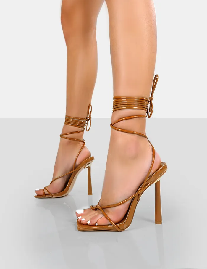 Women Lacey Caramel Square Toe Strappy Lace Up Stiletto Heels Brown Public Desire Prom