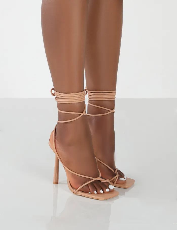Women Lacey Wide Fit Nude PU Square Toe Strappy Lace Up Stiletto Heels Neutral Public Desire Wedding Women Lacey Wide Fit Nude PU Square Toe Strappy Lace Up Stiletto Heels Neutral Public Desire Wedding