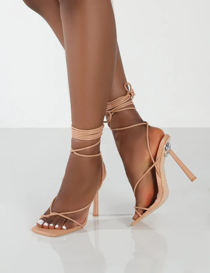 Women Lacey Wide Fit Nude PU Square Toe Strappy Lace Up Stiletto Heels Neutral Public Desire Wedding