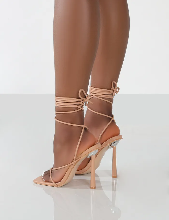 Women Lacey Wide Fit Nude PU Square Toe Strappy Lace Up Stiletto Heels Neutral Public Desire Wedding