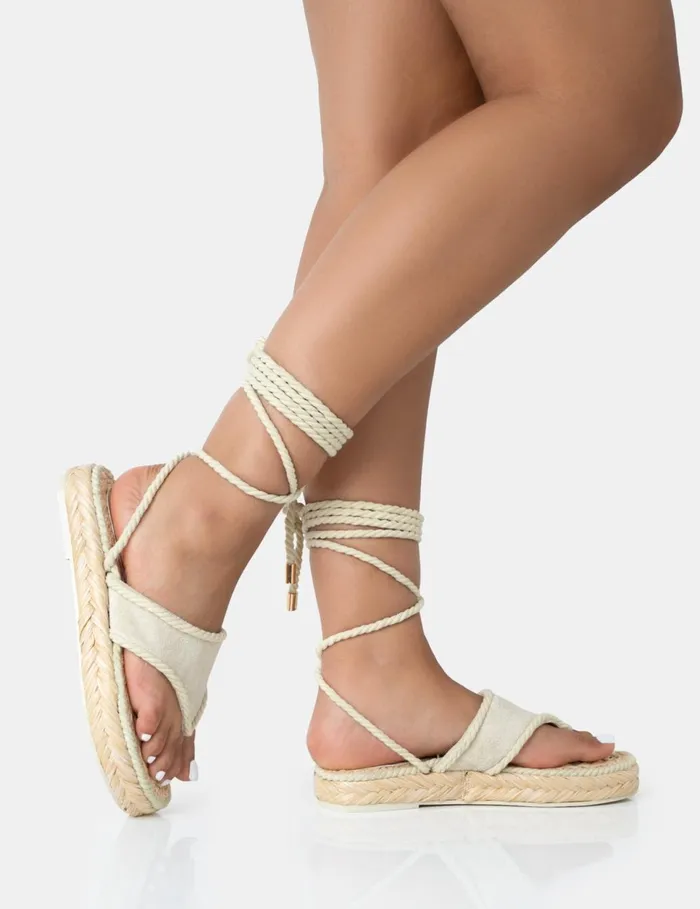 Women LAGUNA BEACH CREAM TOWELLING FLIP FLOP RAFFIA SANDALS Neutral Public Desire Holiday