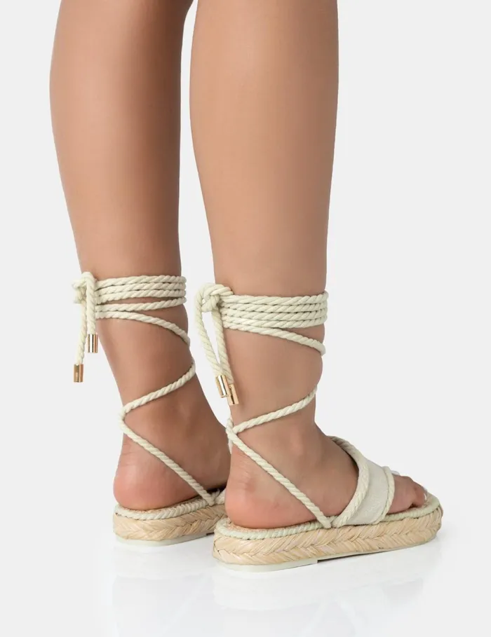 Women LAGUNA BEACH CREAM TOWELLING FLIP FLOP RAFFIA SANDALS Neutral Public Desire Holiday