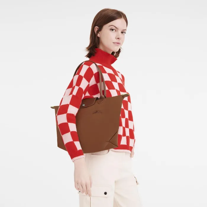 Women Le Pliage Green M Tote Bag Cognac Longchamp Shoulder Bags