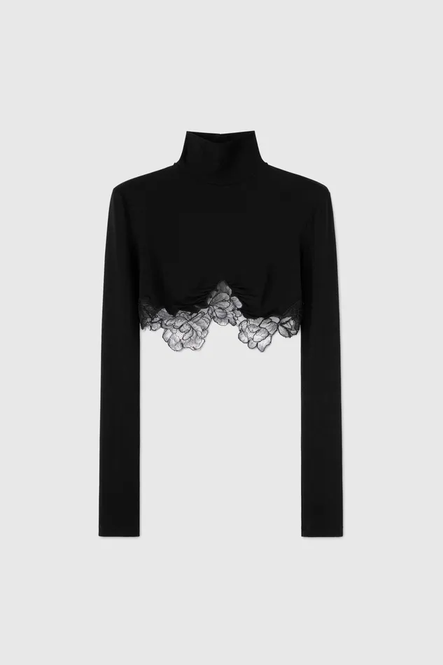 Women Life Homewear Ermanno Scervino Cropped Top With High Neck And Lace Black Women Life Homewear Ermanno Scervino Cropped Top With High Neck And Lace Black