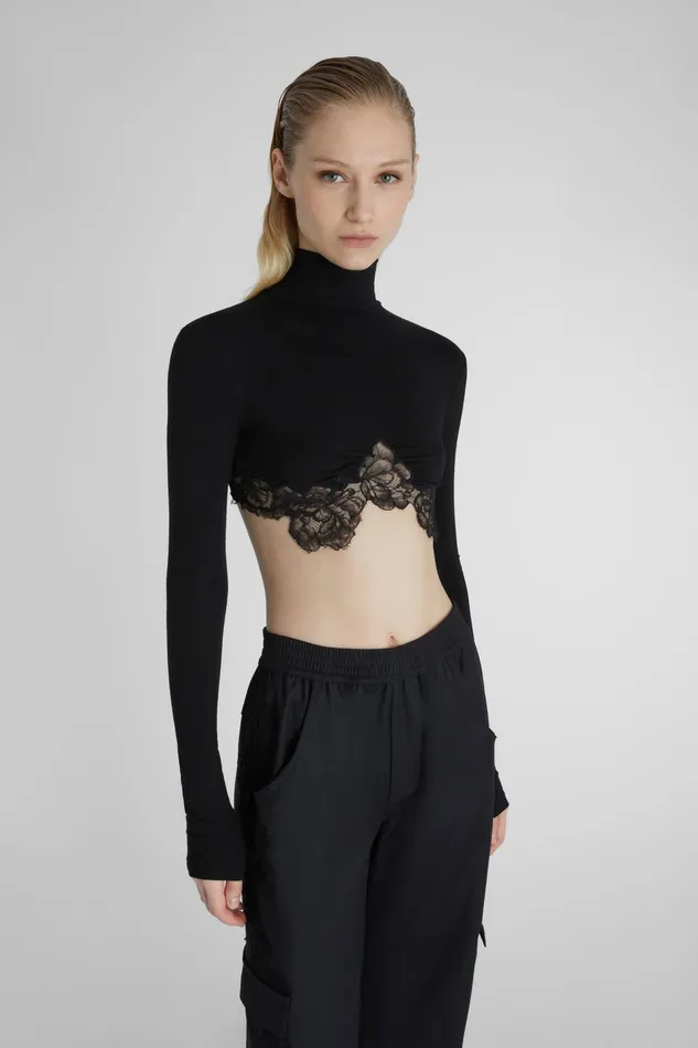 Women Life Homewear Ermanno Scervino Cropped Top With High Neck And Lace Black