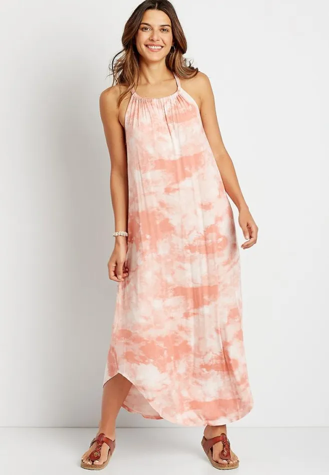 Women Light Pink Tie Dye Halter Neck Pocket Maxi Dress Maurices Dresses and Jumpsuits