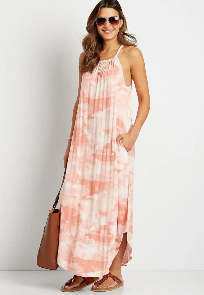Women Light Pink Tie Dye Halter Neck Pocket Maxi Dress Maurices Dresses and Jumpsuits