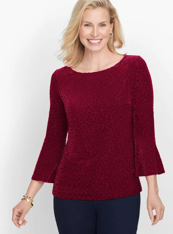 Women Long and 34 Sleeve Talbots Burnout Flounce Sleeve Tee Black