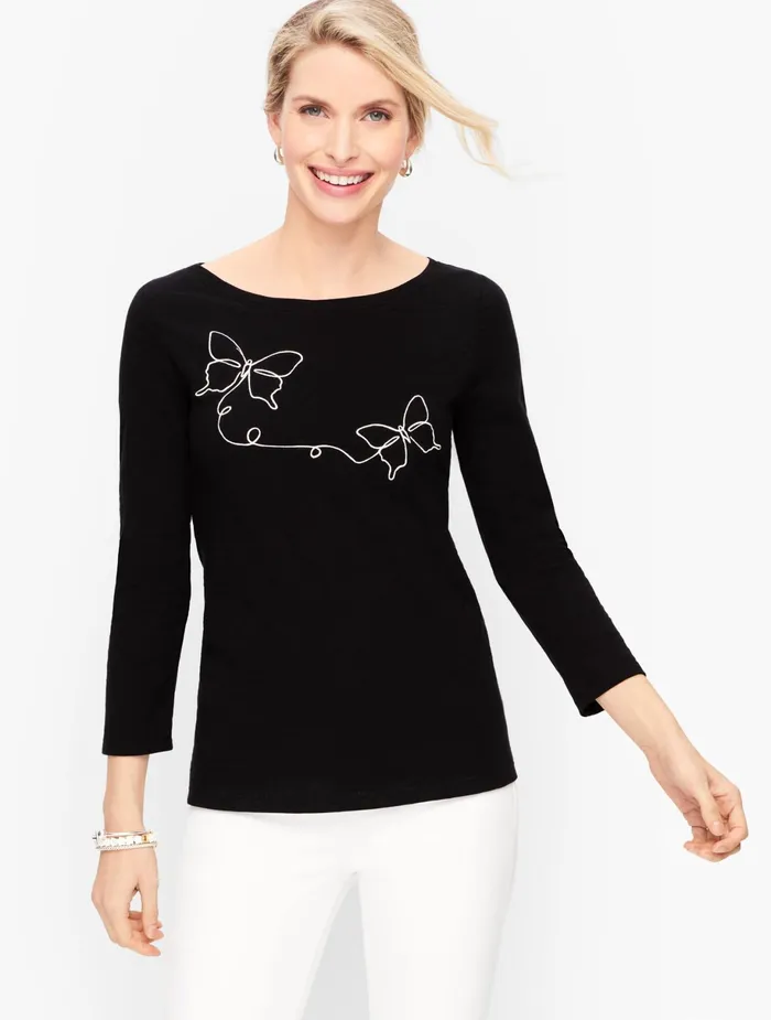 Women Long and 34 Sleeve Talbots Butterfly Embellished Tee Ivoryblack