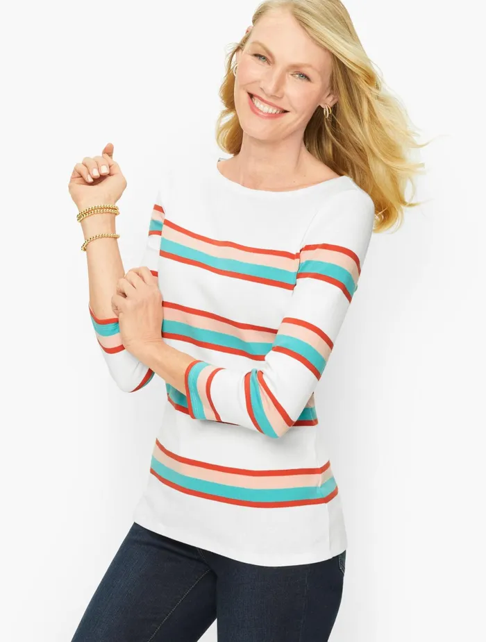 Women Long and 34 Sleeve Talbots Classic Mesh Stripe Bateau Neck Tee