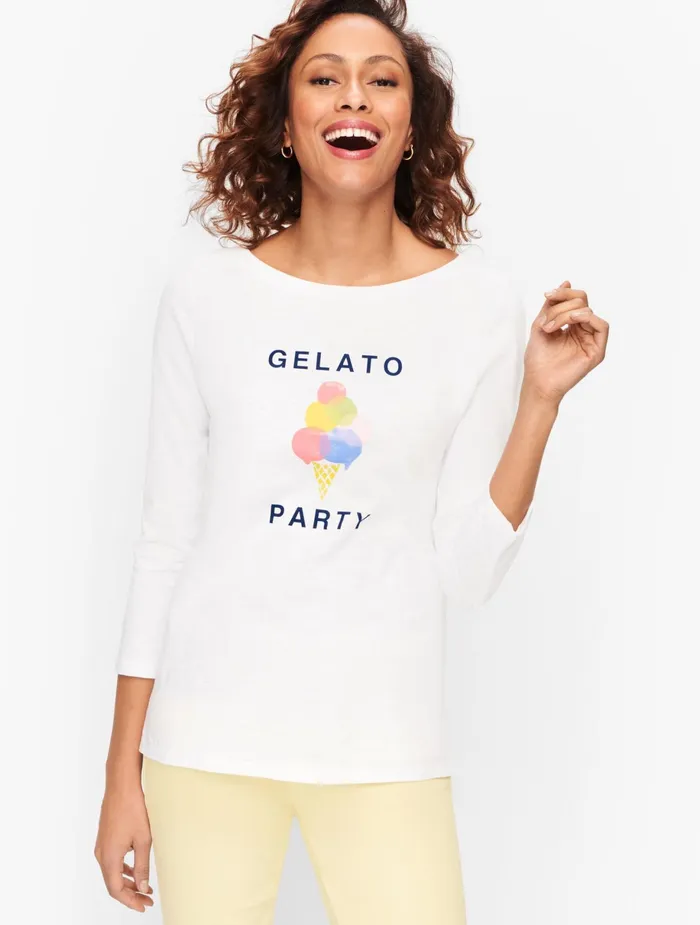 Women Long and 34 Sleeve Talbots Cotton 039Gelato Party039 Tee White