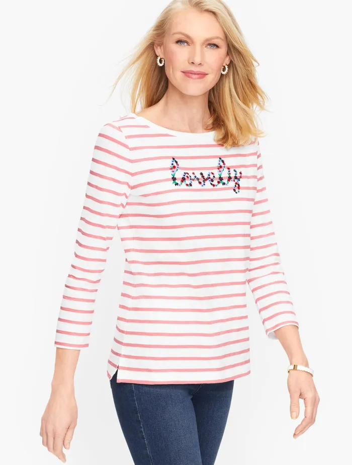 Women Long and 34 Sleeve Talbots Cotton 039Lovely039 Tee Whitepreppy Pink