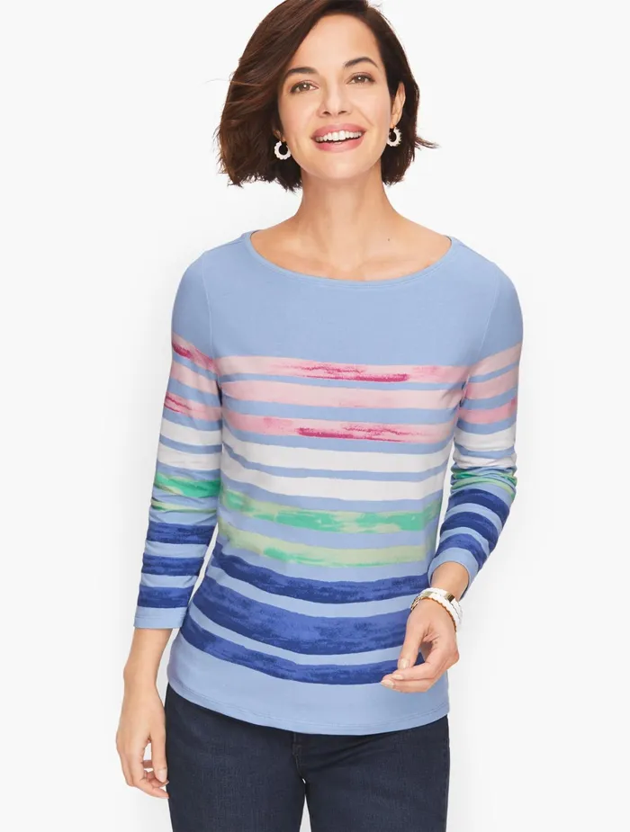 Women Long and 34 Sleeve Talbots Cotton Bateau Neck Tee Blue Sky Multi