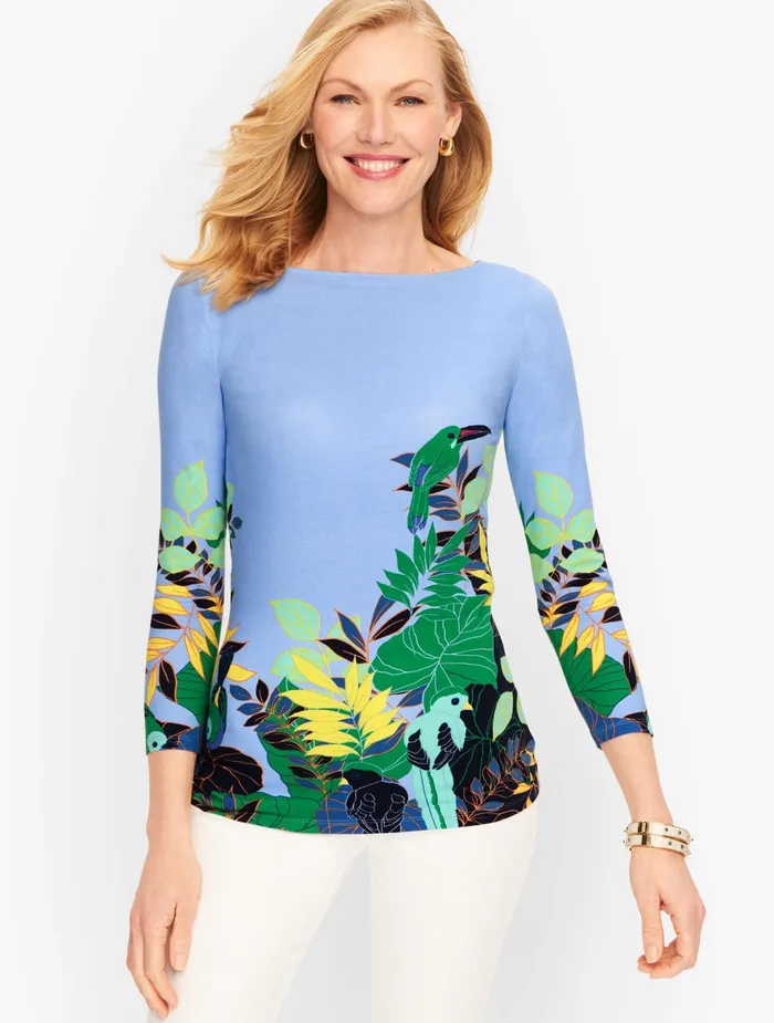 Women Long and 34 Sleeve Talbots Cotton Bateau Neck Tee Vista Bluemulti