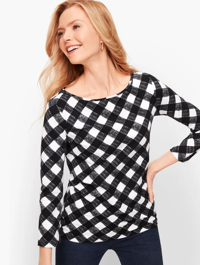 Women Long and 34 Sleeve Talbots Cotton Bateau Neck Tee Whiteblack