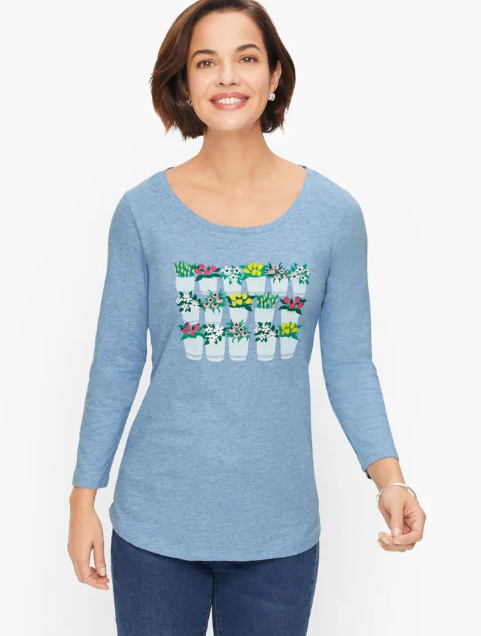 Women Long and 34 Sleeve Talbots Cotton Floral Crewneck Tee Blue Willow Heather Women Long and 34 Sleeve Talbots Cotton Floral Crewneck Tee Blue Willow Heather