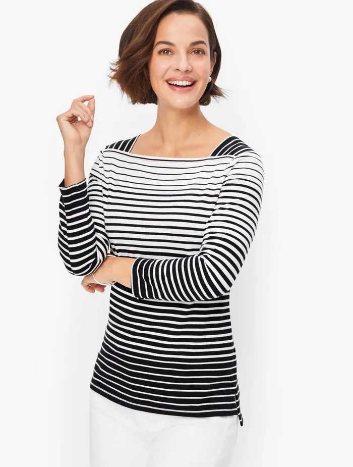 Women Long and 34 Sleeve Talbots Cotton Variegated Stripe Tee Blackwhite