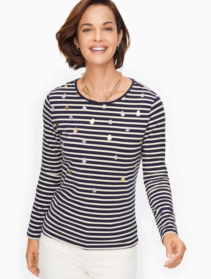 Women Long and 34 Sleeve Talbots Crewneck Long Sleeve Tee Indigo Multi