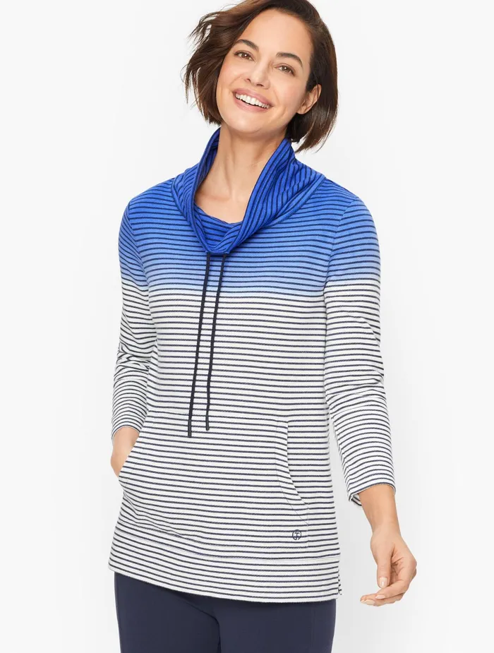 Women Long and 34 Sleeve Talbots Dip Dye Stripe Funnel Neck Pullover Biscayne Blue Multi Women Long and 34 Sleeve Talbots Dip Dye Stripe Funnel Neck Pullover Biscayne Blue Multi