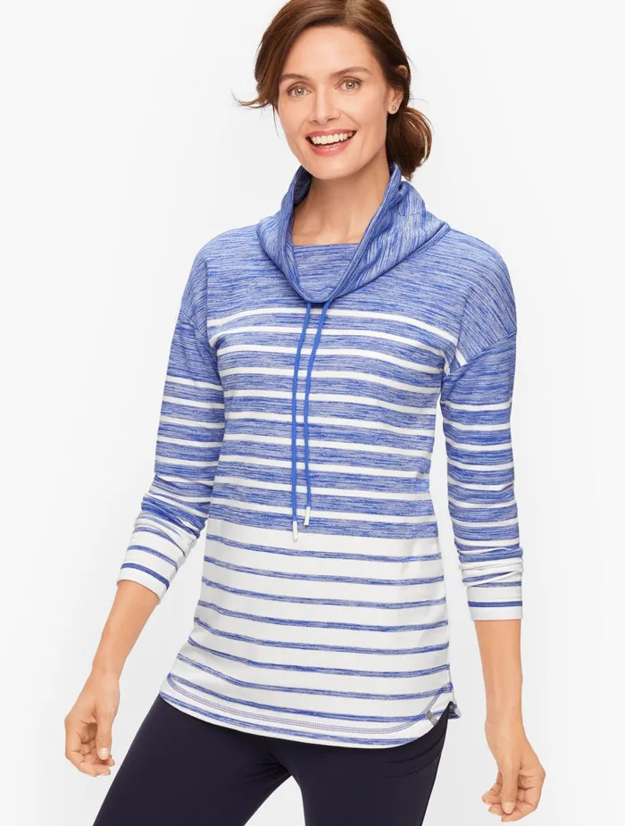 Women Long and 34 Sleeve Talbots Drawstring Cowlneck Stripe Pullover Blue Multi