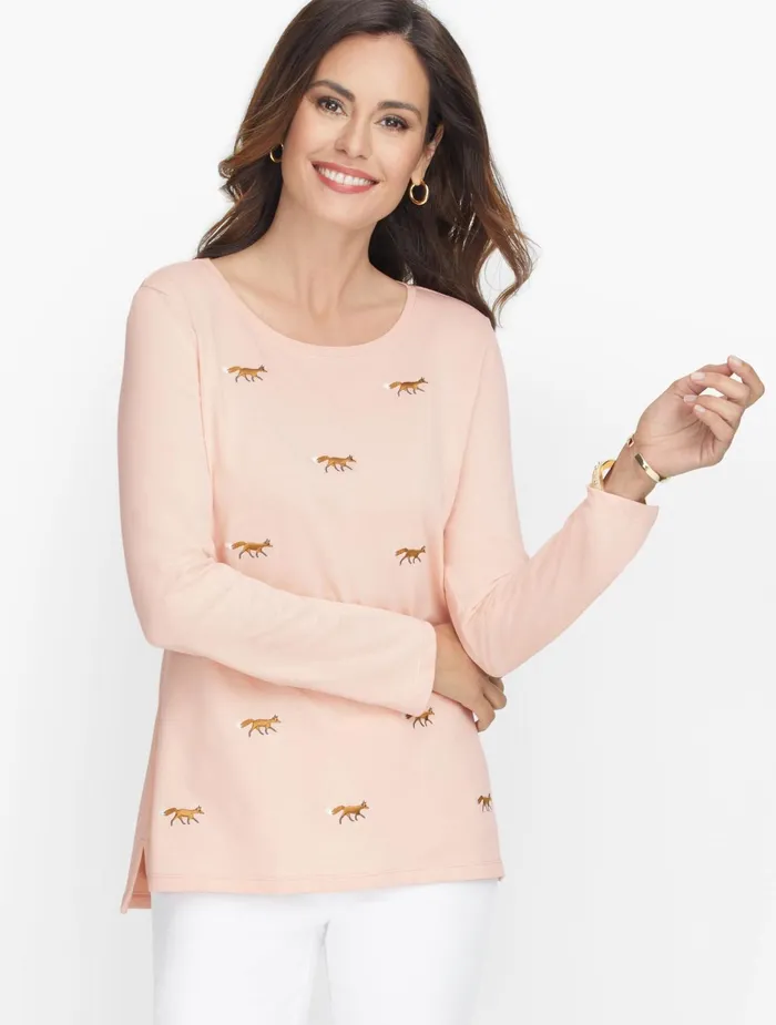 Women Long and 34 Sleeve Talbots Embroidered Crewneck Tee Champagne Rose