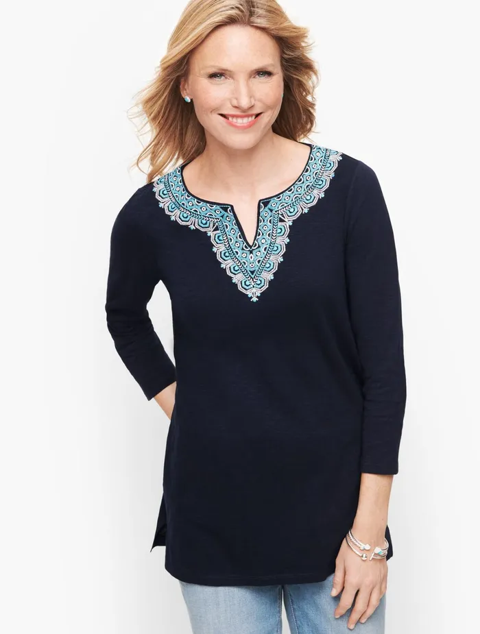 Women Long and 34 Sleeve Talbots Embroidered Split Neck Tee Indigo