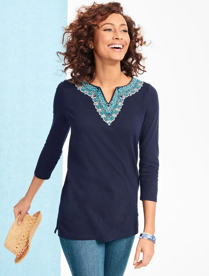 Women Long and 34 Sleeve Talbots Embroidered Split Neck Tee Indigo