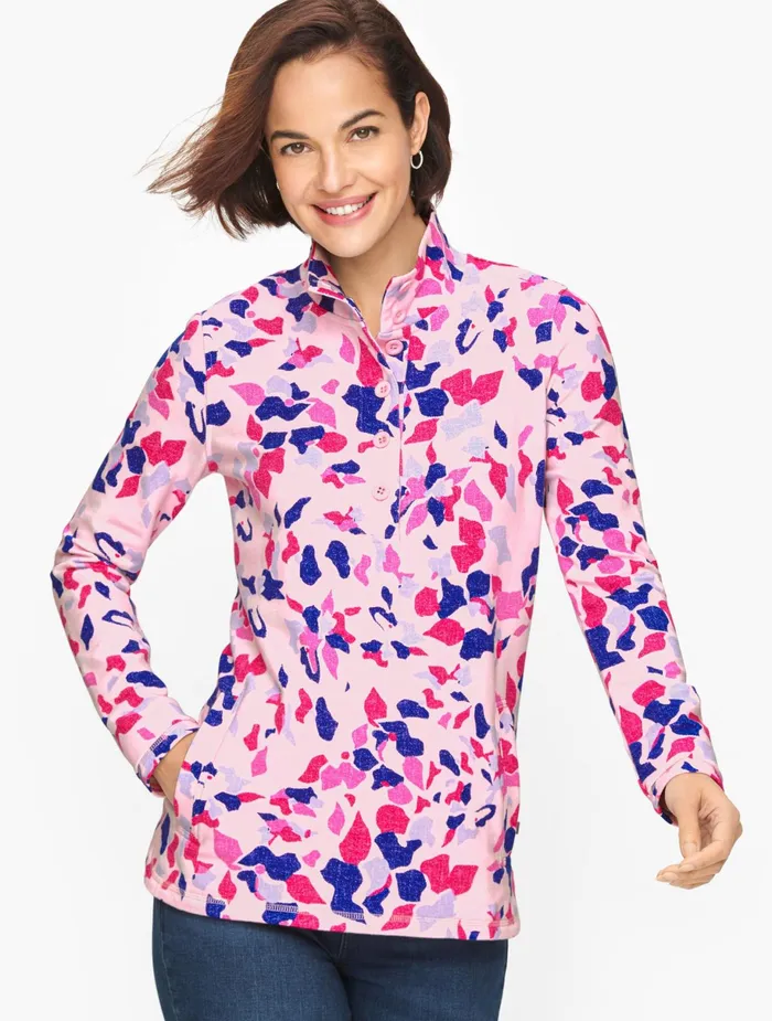 Women Long and 34 Sleeve Talbots Fun Floral Button Half Placket Top Adobe Rose Women Long and 34 Sleeve Talbots Fun Floral Button Half Placket Top Adobe Rose