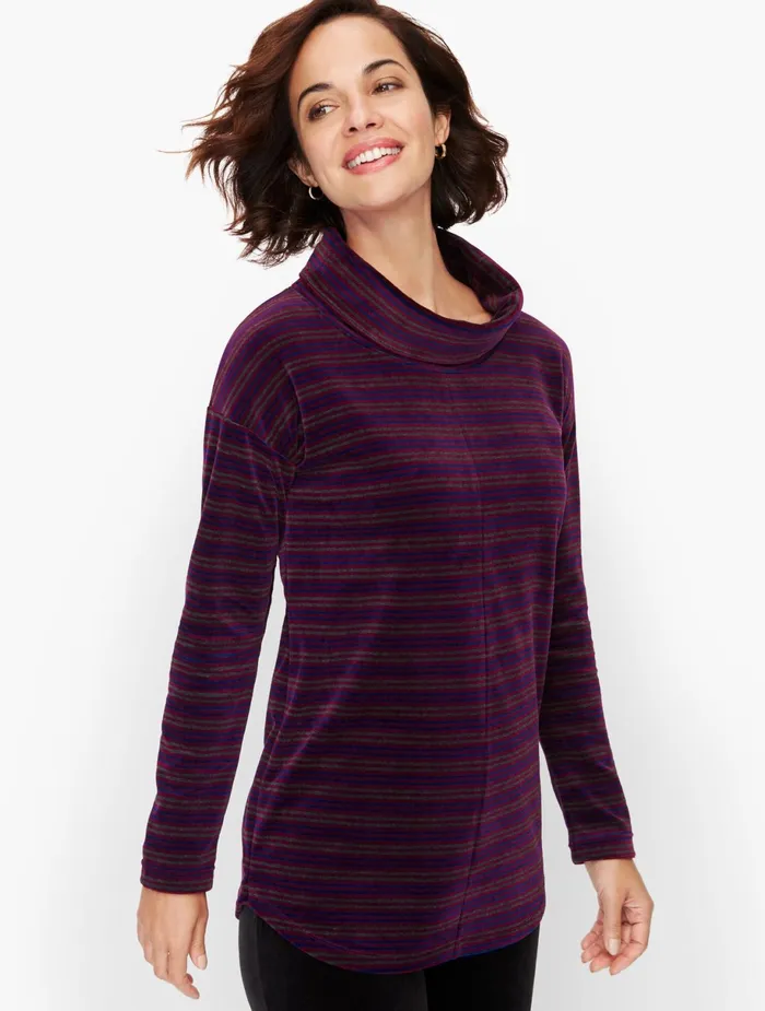 Women Long and 34 Sleeve Talbots Luxe Velour Cowlneck Candy Cane Stripe Pullover Baccara Roseblack Women Long and 34 Sleeve Talbots Luxe Velour Cowlneck Candy Cane Stripe Pullover Baccara Roseblack