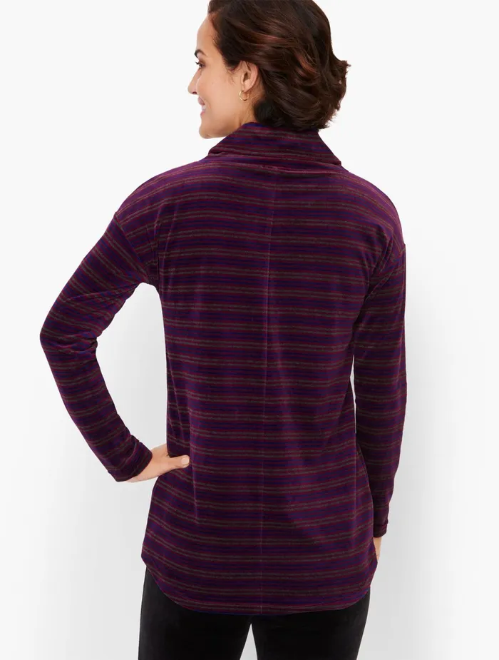 Women Long and 34 Sleeve Talbots Luxe Velour Cowlneck Candy Cane Stripe Pullover Baccara Roseblack