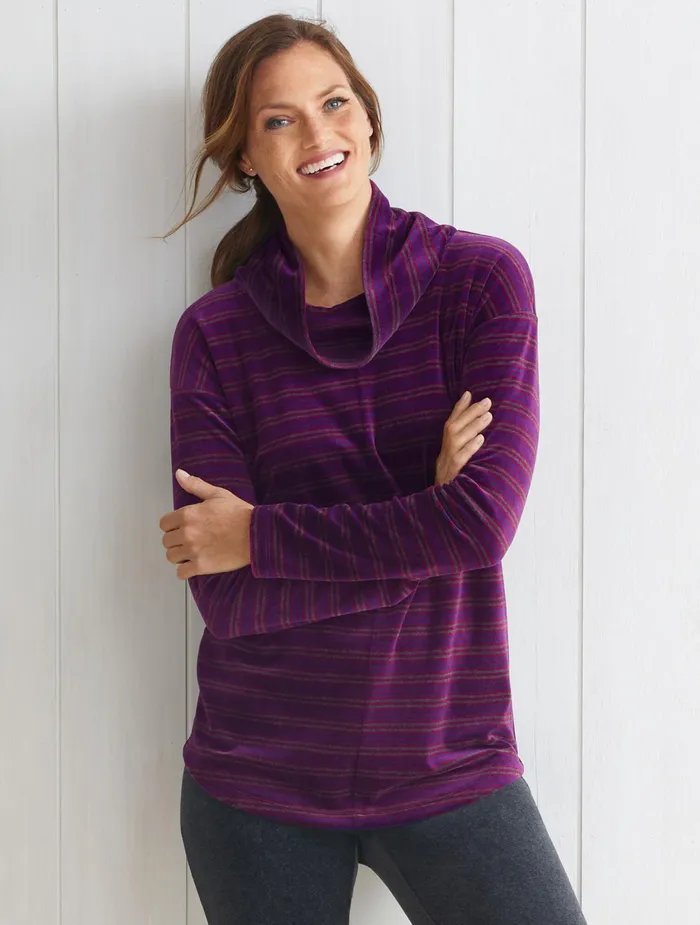 Women Long and 34 Sleeve Talbots Luxe Velour Cowlneck Candy Cane Stripe Pullover Baccara Roseblack