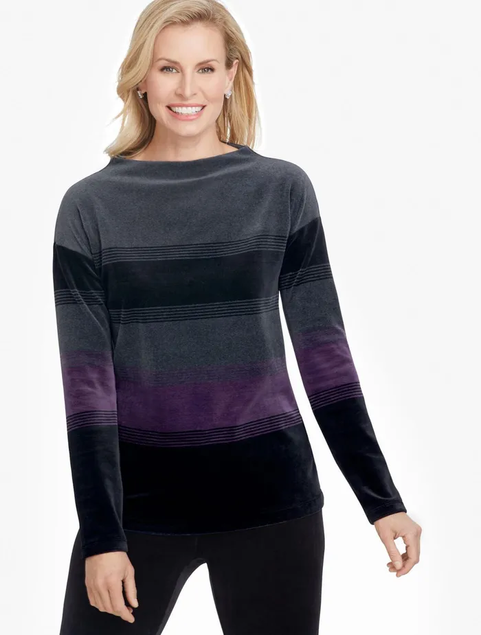 Women Long and 34 Sleeve Talbots Luxe Velour Mockneck Stripe Pullover Sparkling Grape Multi