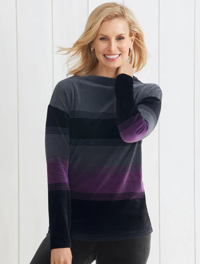 Women Long and 34 Sleeve Talbots Luxe Velour Mockneck Stripe Pullover Sparkling Grape Multi