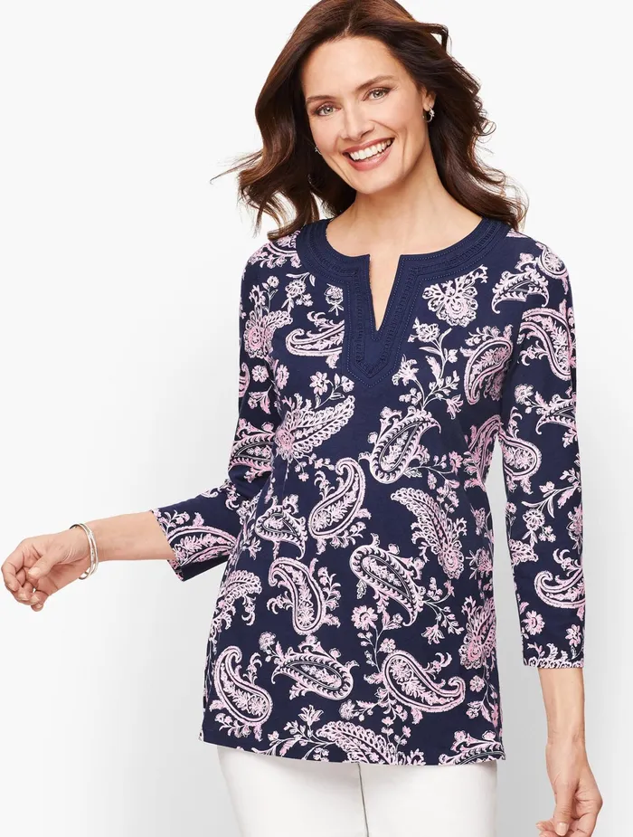 Women Long and 34 Sleeve Talbots Paisley Split Neck Tunic India Inkgardenia