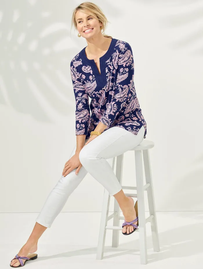 Women Long and 34 Sleeve Talbots Paisley Split Neck Tunic India Inkgardenia