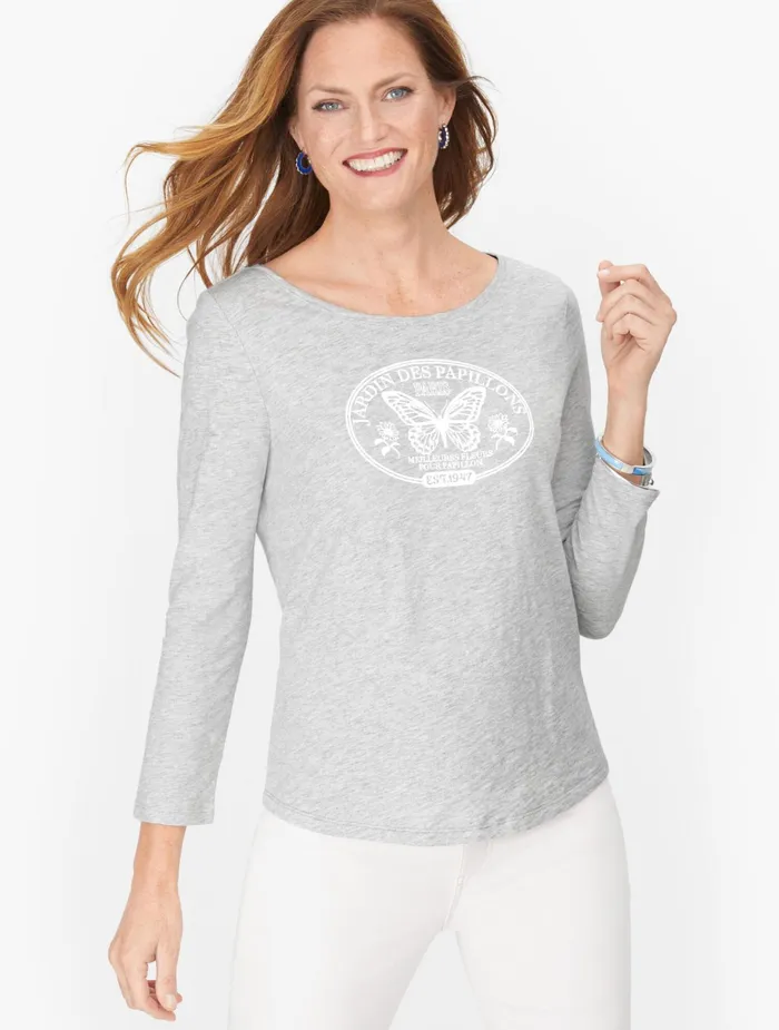 Women Long and 34 Sleeve Talbots Papillons Tee Grey Sky Heather